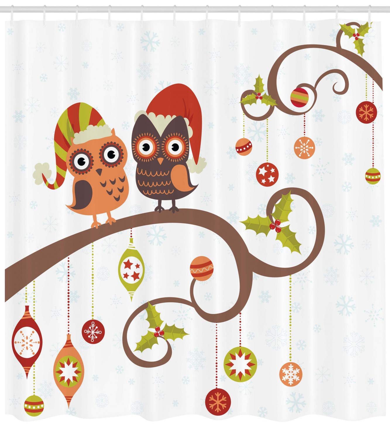 Ambesonne Christmas Shower Curtain, Owls On Celebrating Twiggy Tree Branches Annual Yule Noel Christmas Themed Print, Cloth Fabr